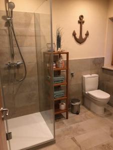 ein Badezimmer mit Dusche und Toilette in der Unterkunft Chiemsee Beachhouse Apartment in Bernau am Chiemsee + 12 Fotos