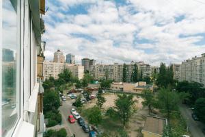 Una vista de una calle de la ciudad con coches y edificios. en Apartment near Dream Town, en Kiev
