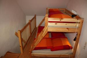WißmannsdorfにあるNengshof Ferienhaus Gänseblümchenのはしご付きの部屋の二段ベッド1台分です。