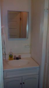 ein Bad mit einem Waschbecken und einem Spiegel in der Unterkunft Don Santiago Guesthouse Downtown in San Ignacio
