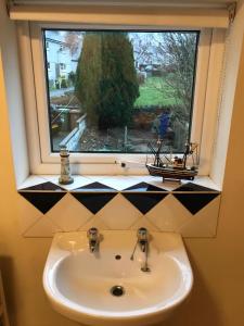 a bathroom sink in front of a window at Tylwyth in Waenfawr