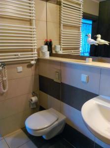 Un baño con inodoro, lavabo y espejo. en ApartamentyPrzyMorzu Olympic Park z Prywatnym Tarasem z Widokiem Na Morze, en Kołobrzeg 12 fotos más