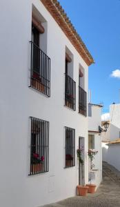 een wit gebouw met zwarte ramen en potplanten bij Hotel Abaco Altea in Altea