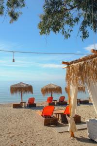 a group of chairs and umbrellas on a beach at Dinos Rooms in Kala Nera