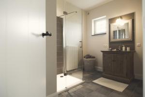 uma casa de banho com um chuveiro, um lavatório e um espelho. em B&B In de velden em Bocholt