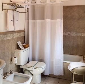 a bathroom with a toilet and a shower curtain at Lo de Tomy in El Chalten