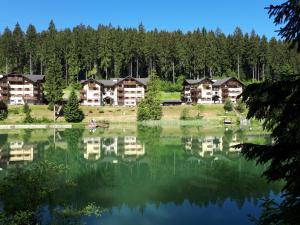 un lac devant un groupe de maisons dans l'établissement Hrabovo Renata 1, à Ružomberok