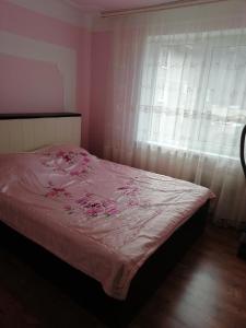 TyrnyauzにあるApartment Tyrnyauzのベッドルーム1室(ピンクのシーツが敷かれたベッド1台、窓付)