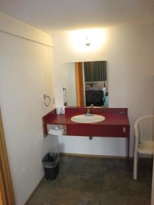 ein Bad mit einem Waschbecken und einem Spiegel in der Unterkunft Swiss Village Inn in Golden