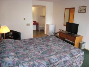 ein Hotelzimmer mit einem Bett und einem Flachbild-TV in der Unterkunft Swiss Village Inn in Golden