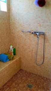 a shower in a bathroom with a tiled wall at Villa Adelaida in Órgiva