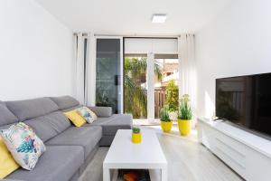 a living room with a gray couch and a flat screen tv at Monkey house in Santa Cruz de Tenerife
