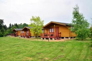 a log cabin in a field with a grass yard at Domki Letniskowe Kalem in Zabin