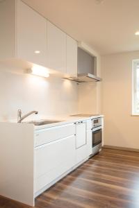 an empty kitchen with white cabinets and a sink at Hakuba Downtown Apartments in Hakuba +76 photos