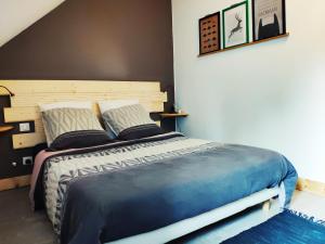 ラ・ブルブールにあるMaison de Lounaのベッドルーム1室(大型ベッド1台、青い毛布付)