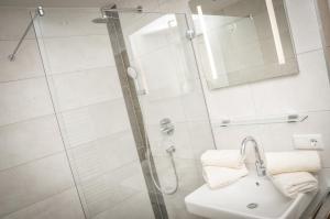 a bathroom with a shower with a sink and a toilet at Bergruh Steeg in Steeg