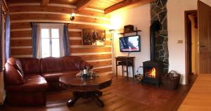 a living room with a leather couch and a wood stove at Ranch Bystrá in Bystrá nad Jizerou