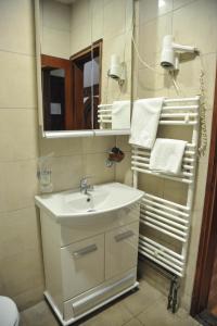 a bathroom with a sink, toilet and mirror at Hotel Centar Balasevic in Belgrade
