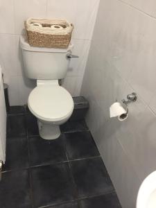 a bathroom with a toilet with a basket on top of it at Waterlane Apartments in Galway