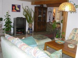 ein Wohnzimmer mit einem Sofa und einem Tisch in der Unterkunft Talblickhof in Sankt Georgen im Schwarzwald
