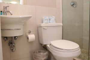 a bathroom with a white toilet and a sink at Stylish Newbury Street Studio, #11 in Boston