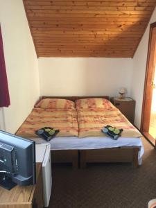 a bedroom with a bed with a wooden ceiling and a tv at Ilona Panzió in Balatonlelle