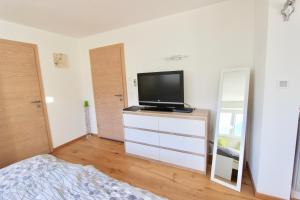 een slaapkamer met een televisie op een dressoir met een spiegel bij Appartement Sophia in Brixen im Thale