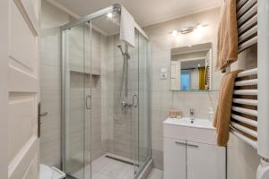 a bathroom with a shower and a sink at Lovely Apartment at Basilica in Budapest