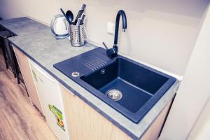 eine Küche mit einem blauen Waschbecken und einer Theke in der Unterkunft Apartamenty 21 Basic in Stettin