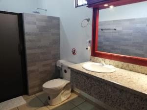 uma casa de banho com um WC, um lavatório e um espelho. em Hotel La Pradera del Arenal em La Fortuna