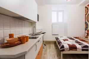 a kitchen with a sink and a bed in it at Rose d'Opera Hotel in Odesa