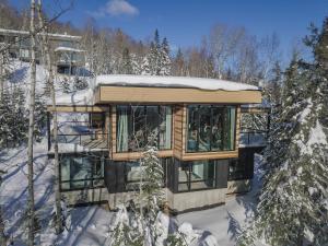 domek w śniegu w lesie w obiekcie Chalet Métis w mieście Petite-Rivière-Saint-François