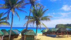 a beach with palm trees and huts and the ocean at Bia's Beach House, Pagudpud in Pagudpud