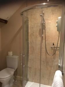 a bathroom with a shower with a toilet at The Tanners Arms in Devynock