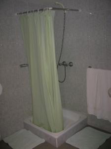 y baño con ducha con cortina verde. en Hostal Venta San Blas, en Almándoz