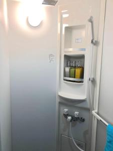uma pequena casa de banho com chuveiro num avião em TOP EDGE HOSTEL Koenji em Tóquio