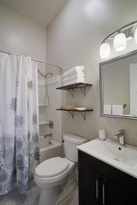 a bathroom with a toilet and a sink and a mirror at 420Waldburg A · Modern Apt with Southern Charm Blocks from Forsyth in Savannah