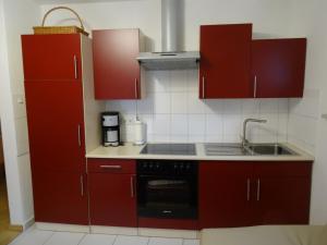 a kitchen with red cabinets and a sink at Ferienwohnung Am Wildmeisterweg in Wernigerode