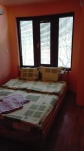 uma cama num quarto com duas janelas em Вила Мирела em Ribarica