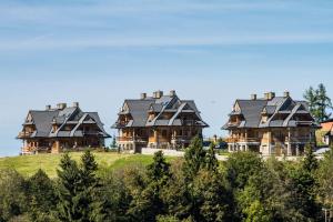 three large wooden houses on a hill with trees at udanypobyt House Million Dollar View in Gliczarów