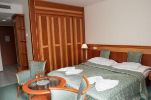 a hotel room with a bed with a table and chairs at Palast Wellness Appartement in H&eacute;v&iacute;z