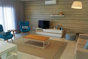 uma sala de estar com televisão e cadeiras azuis em Marnix´s Apartment na Nazaré