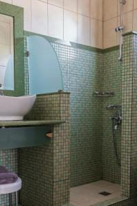 a green tiled bathroom with a sink and a shower at Akrolimnion Hotel in Ioannina