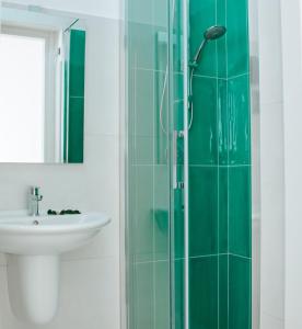 La salle de bains est pourvue d'une douche en verre et d'un lavabo. dans l'établissement Pietre e Sassi, à Matera
