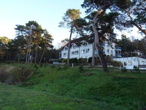 Ein weißes Haus auf einem Hügel mit einem Baum in der Unterkunft Ferienwohnung Strandmaus, Ferienanlage "Blaumuschel" in Lubmin
