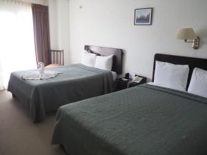 a hotel room with two beds and a window at Nuevo Maragato Hotel & Hostel in San José