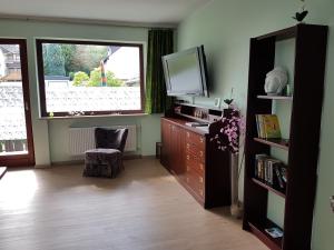 een woonkamer met een dressoir met een tv en een raam bij Ferienwohnung Bambus in Winterberg