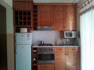 eine Küche mit Holzschränken und einem weißen Kühlschrank in der Unterkunft Solmar apartment in Beirona