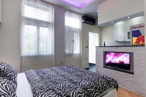 1 dormitorio con 1 cama grande y chimenea en Apartment Royal, en Belgrado
