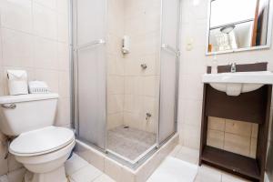 uma casa de banho com um chuveiro, um WC e um lavatório. em Hotel Flor Blanca em Manuel Antonio
